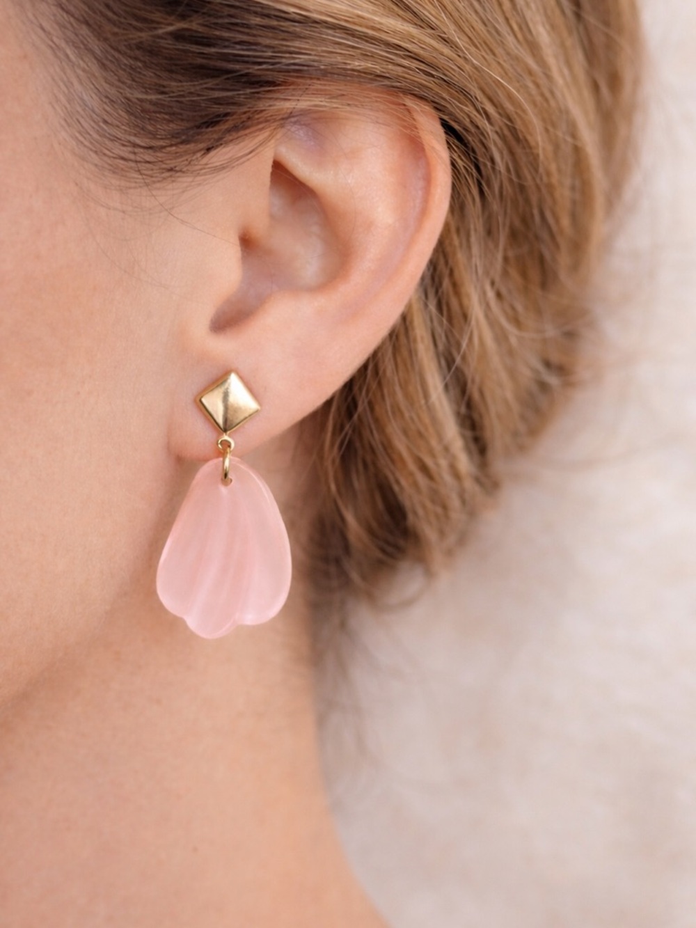 Frosted Blush Pink Petal Dangle Earrings Gold Tone Soft Feminine